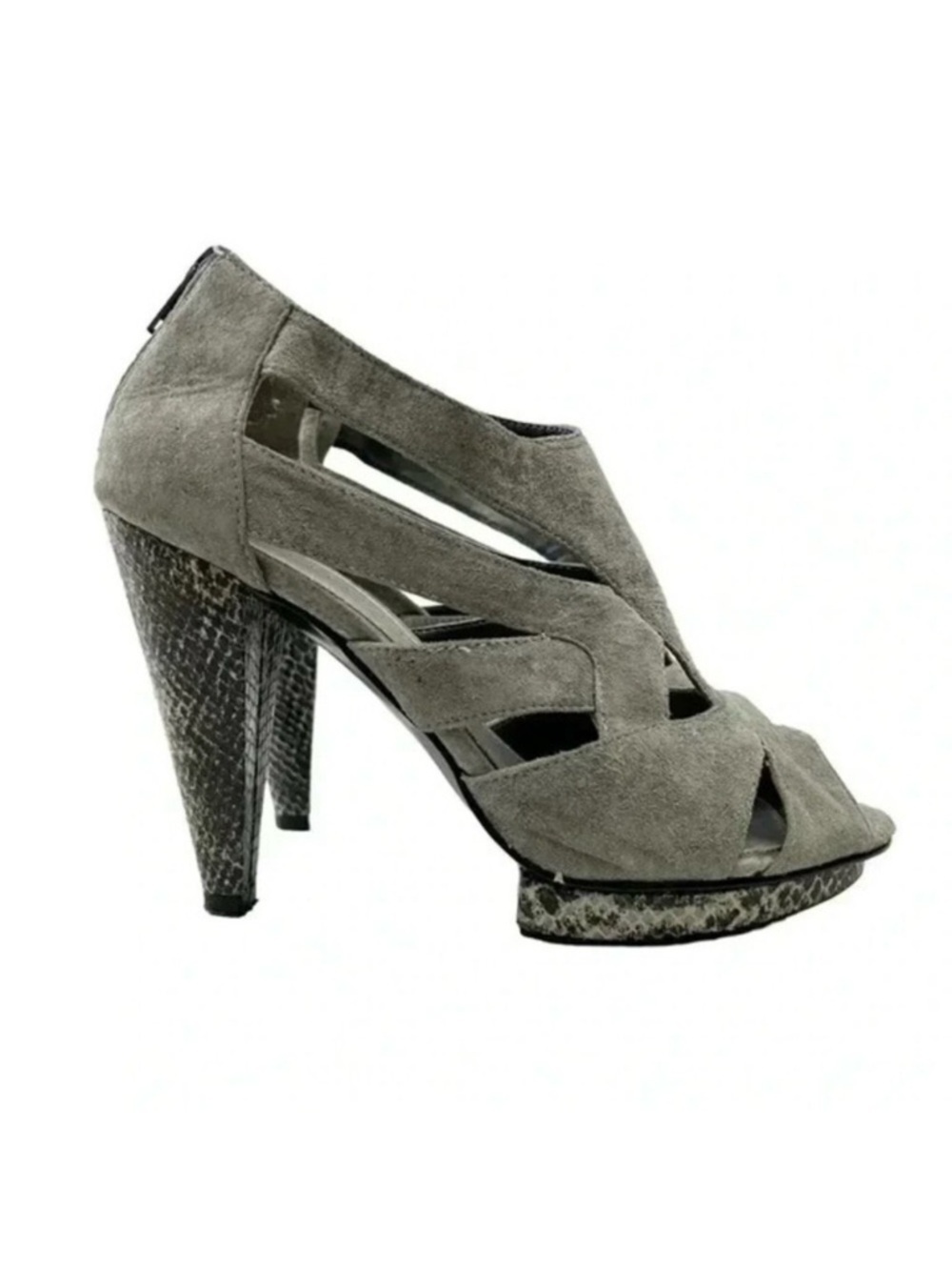 Attitude Strappy Chunky Platform Heels Caged Open Toe Shoe Y2K Faux Suede Grey 7